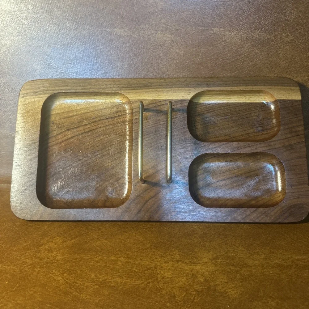 Vtg Mid Century Men's Brown Wood & Brass Jewelry Valet Desk Organizer Caddy MCM